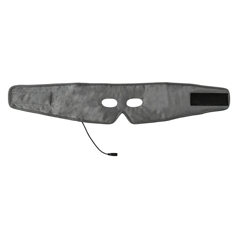 Calmlyn heated eye mask laid flat, showing the two eye openings, adjustable strap and USB cable