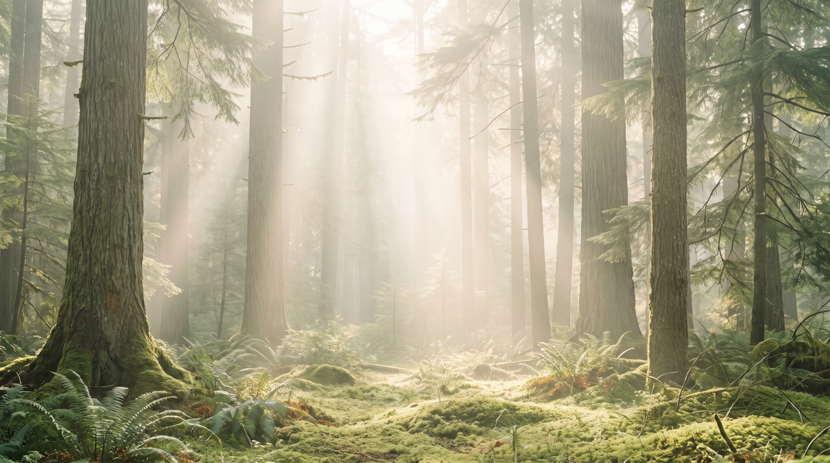 Sunlit misty forest clearing in the morning