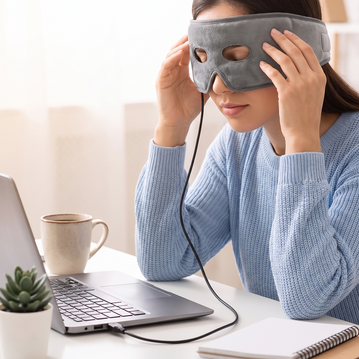 Screen break at the desk with the heated eye mask plugged into a laptop