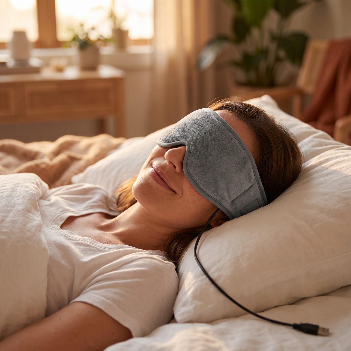 Woman relaxing in bed wearing the heated eye mask