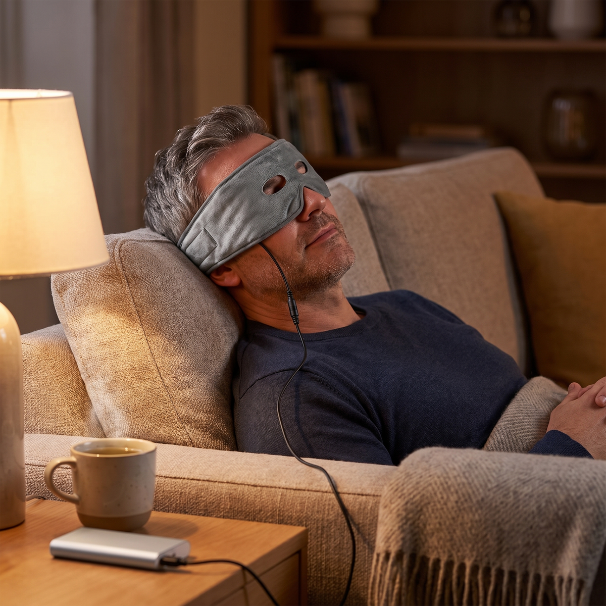 Man unwinding on the sofa with the USB heated eye mask
