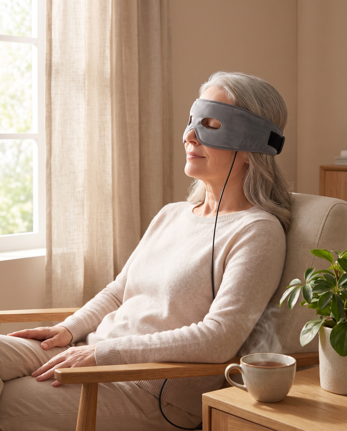 Woman enjoying a calm morning self-care moment with the heated eye mask