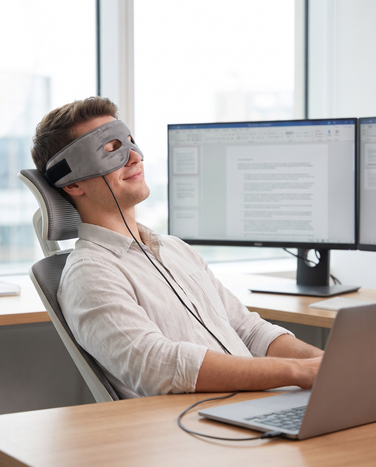 Man taking a screen break at his desk with the heated eye mask