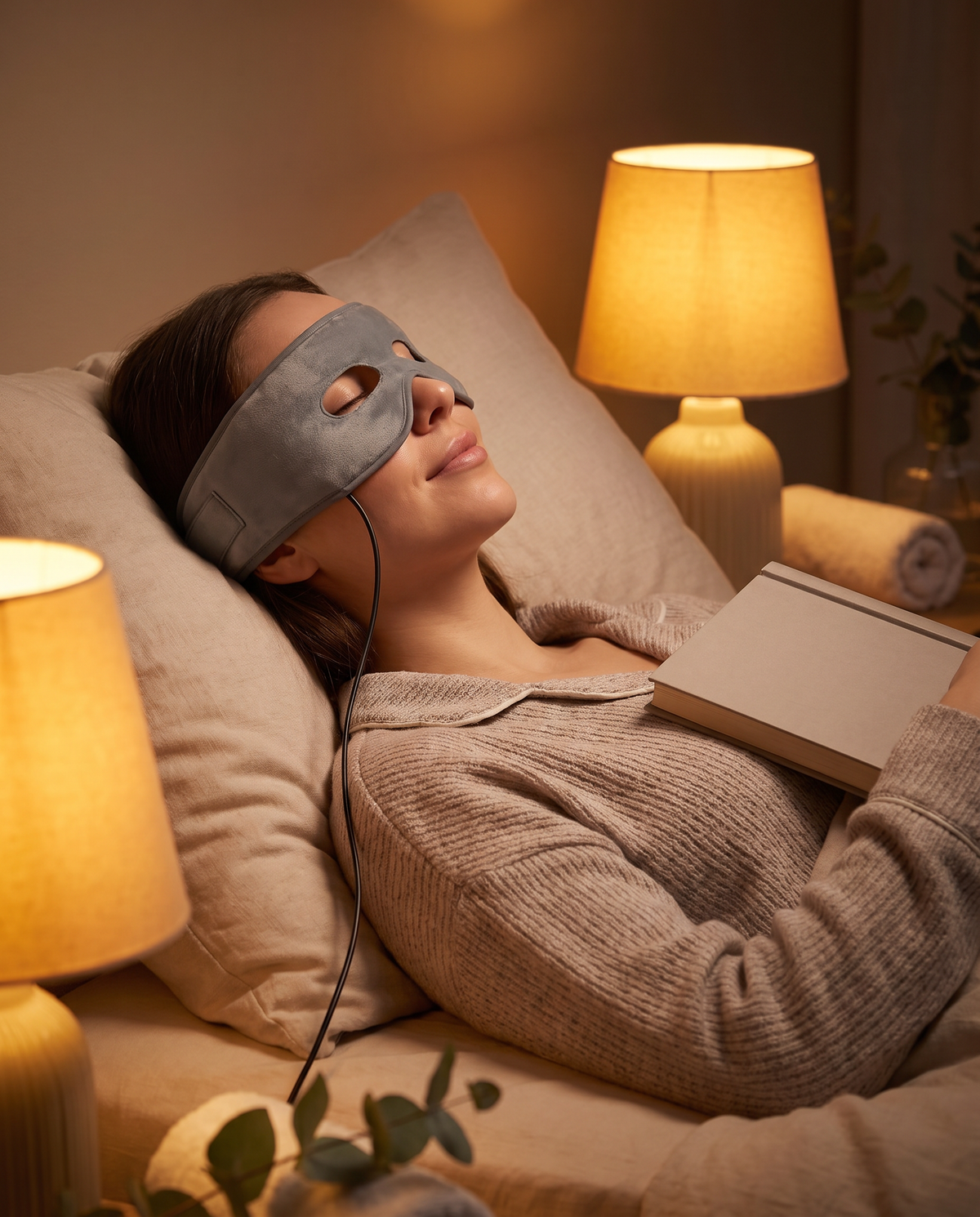 Woman winding down in bed at night wearing the heated eye mask